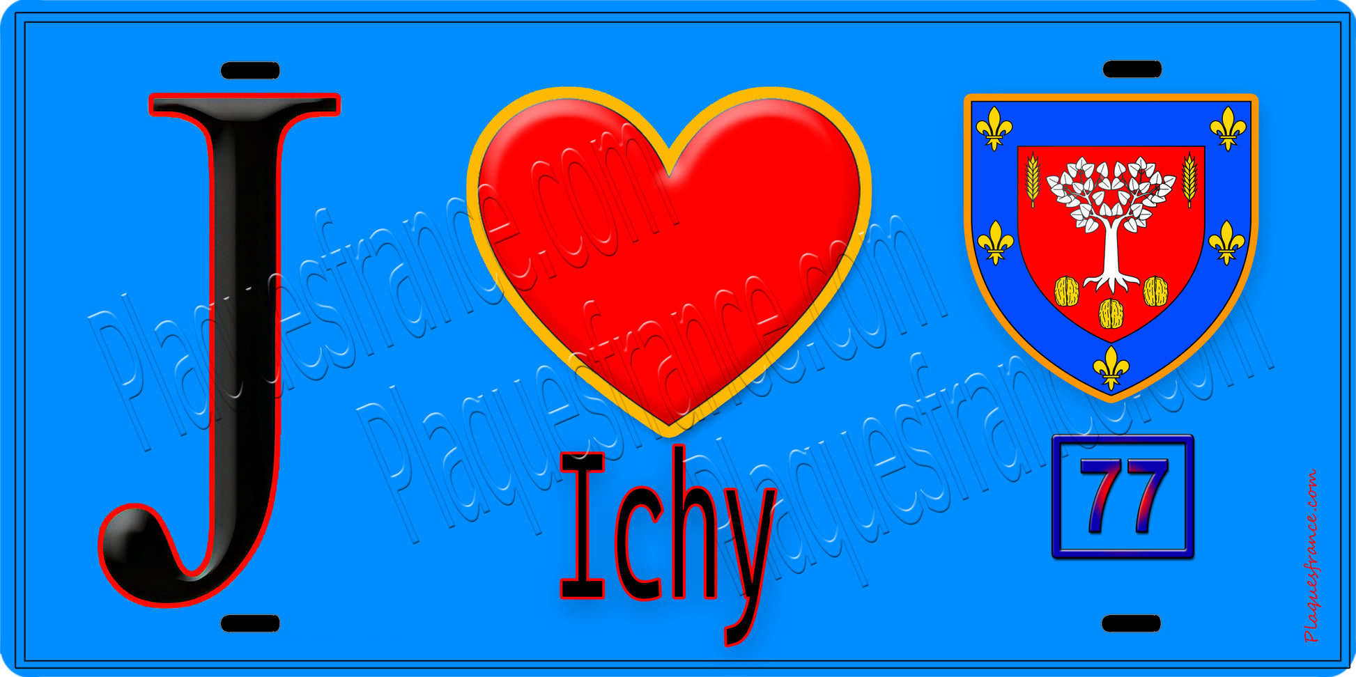 Plaque métal décorative  J' ❤️Ichy, Seine et Marne (77) fond bleu