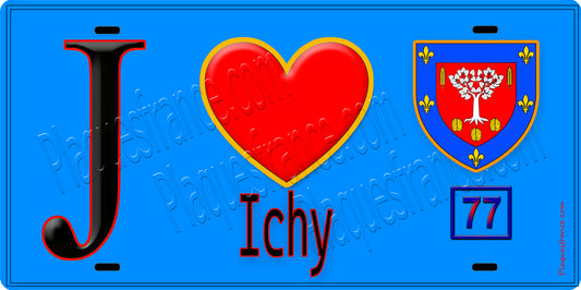 Plaque métal décorative  J' ❤️Ichy, Seine et Marne (77) fond bleu