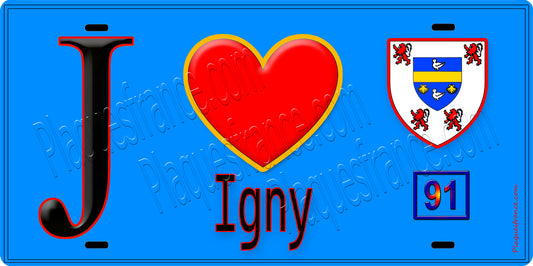 Plaque métal décorative  J' ❤️Igny, Essonne (91) fond bleu