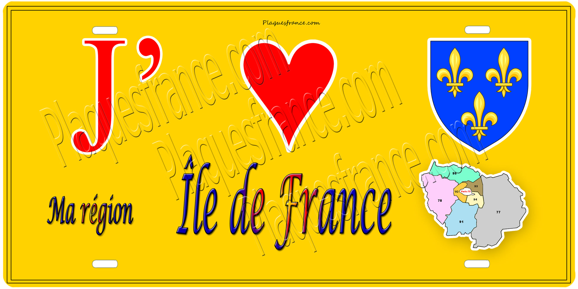 Plaque métal décorative J' ❤️ la région ile de France fond jaune