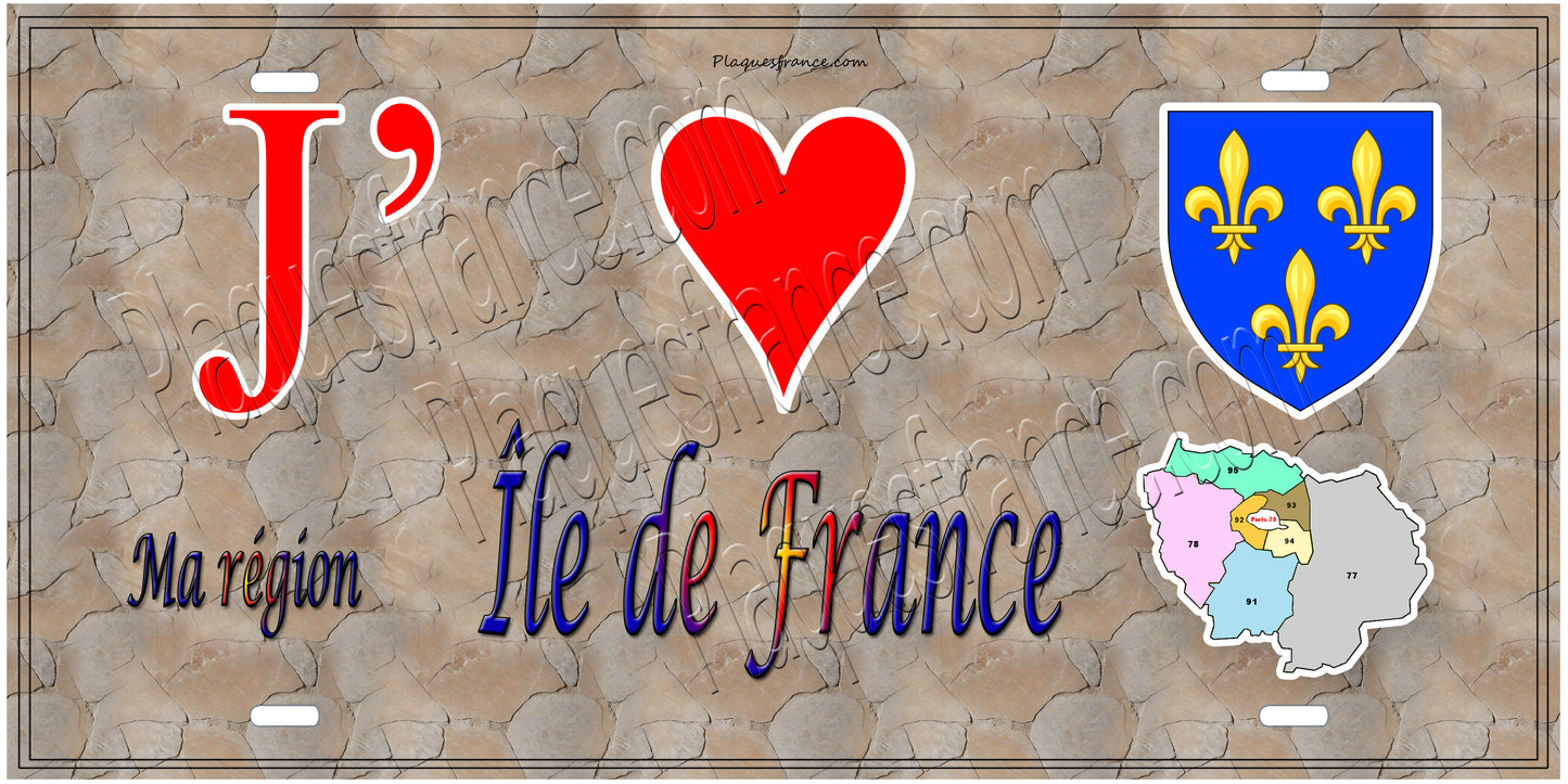 Plaque métal décorative J' ❤️ la région ile de France fond mur antique