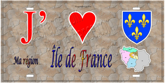 Plaque métal décorative J' ❤️ la région ile de France fond mur antique