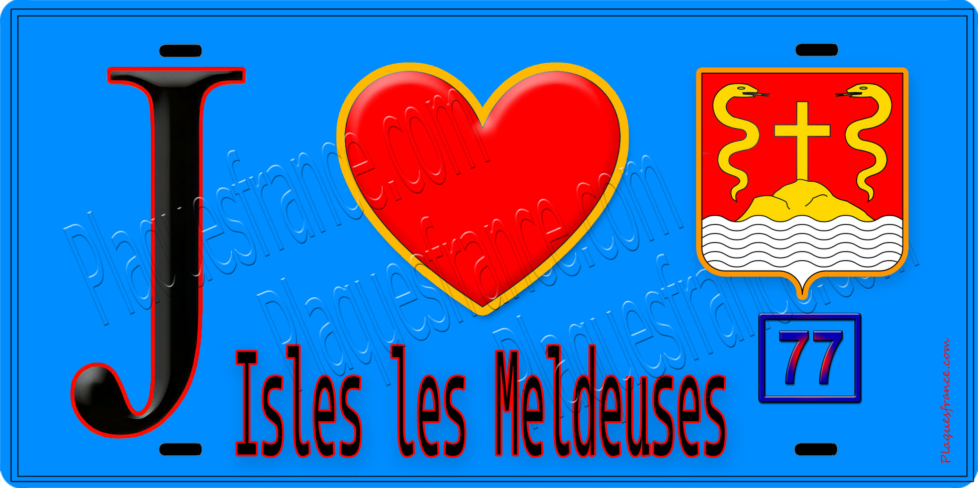 Plaque métal décorative  J' ❤️Isles-les-Meldeuses, Seine et Marne (77) fond bleu