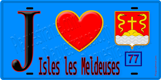Plaque métal décorative  J' ❤️Isles-les-Meldeuses, Seine et Marne (77) fond bleu