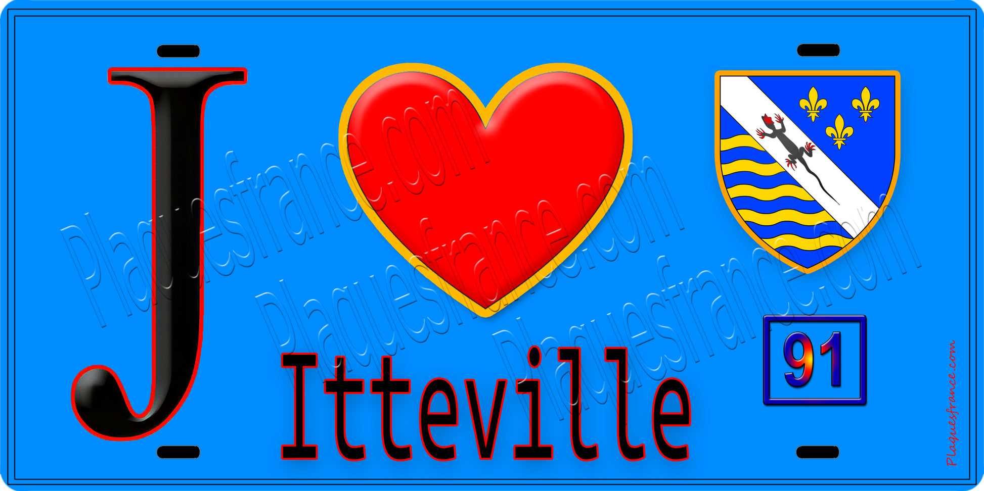 Plaque métal décorative  J' ❤️Itteville, Essonne (91) fond bleu