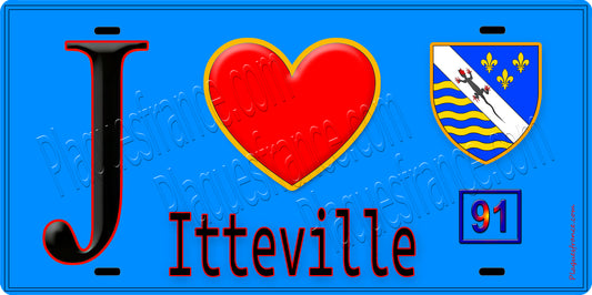 Plaque métal décorative  J' ❤️Itteville, Essonne (91) fond bleu