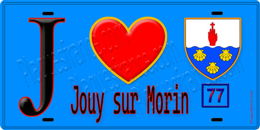 Plaque métal décorative  J' ❤️Jouy-sur-Morin, Seine et Marne (77) fond bleu