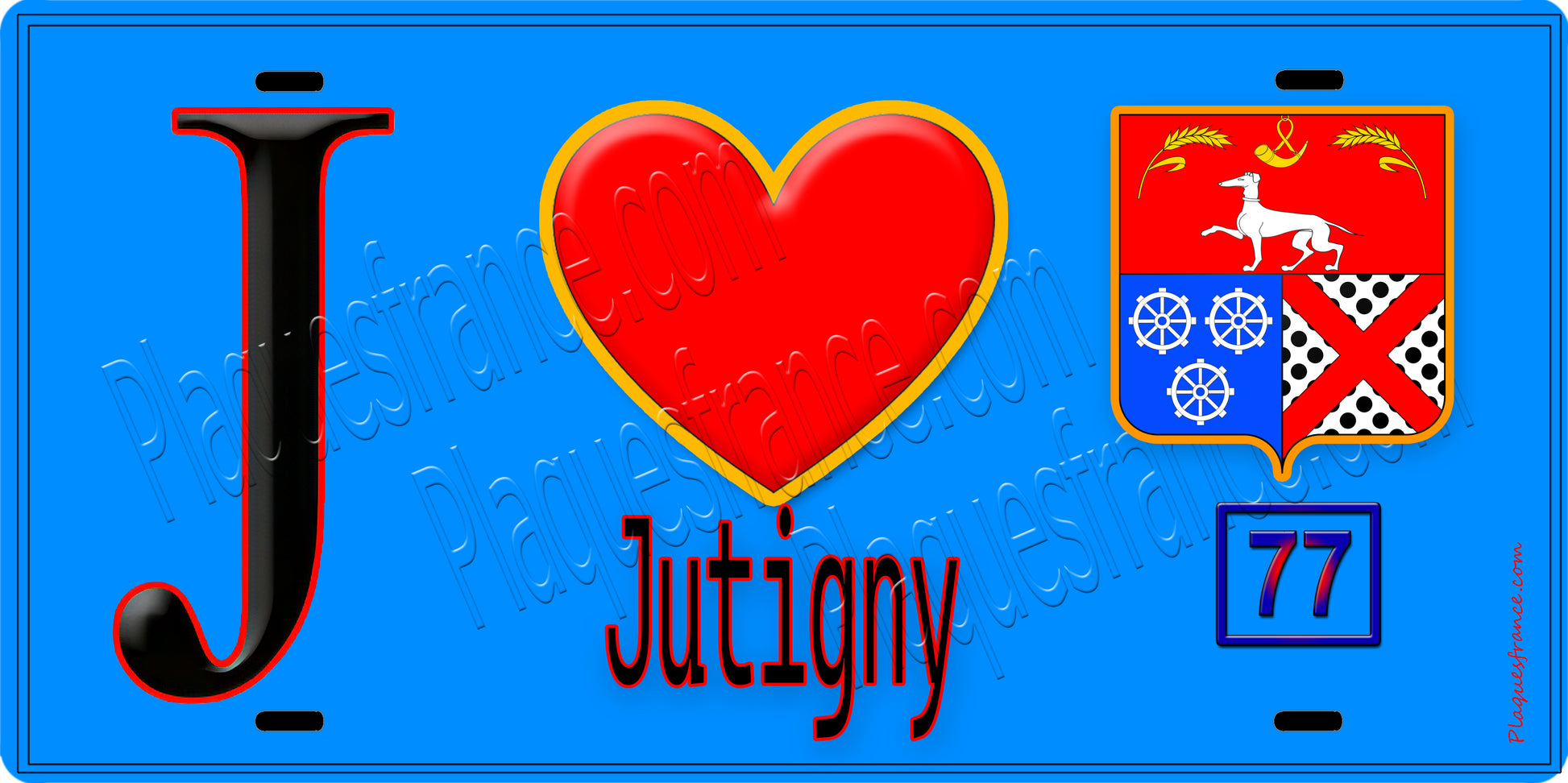 Plaque métal décorative  J' ❤️Jutigny, Seine et Marne (77) fond bleu