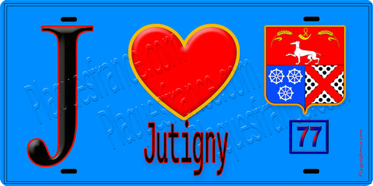 Plaque métal décorative  J' ❤️Jutigny, Seine et Marne (77) fond bleu