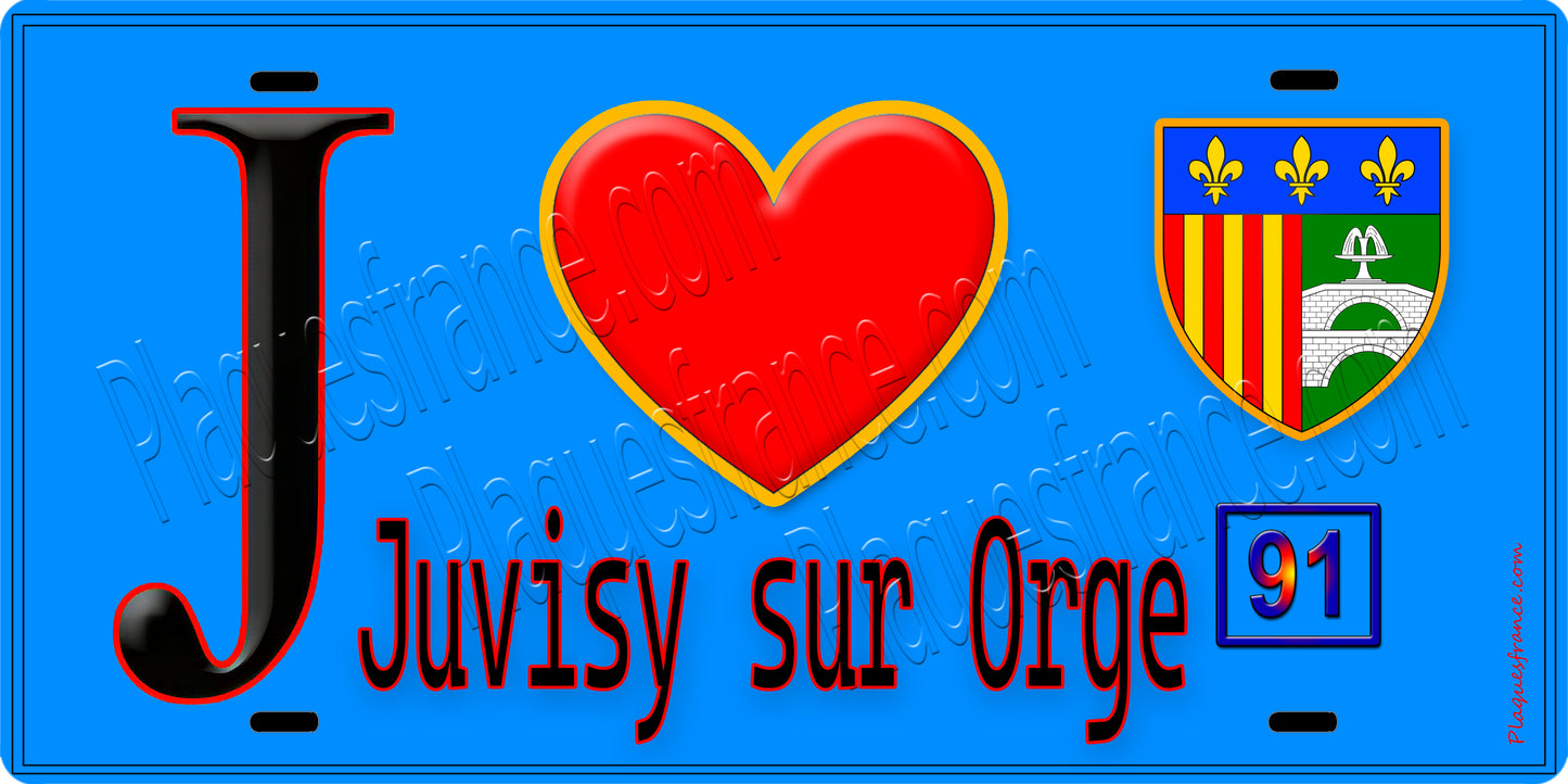 Plaque métal décorative  J' ❤️Juvisy-sur-Orge, Essonne (91) fond bleu