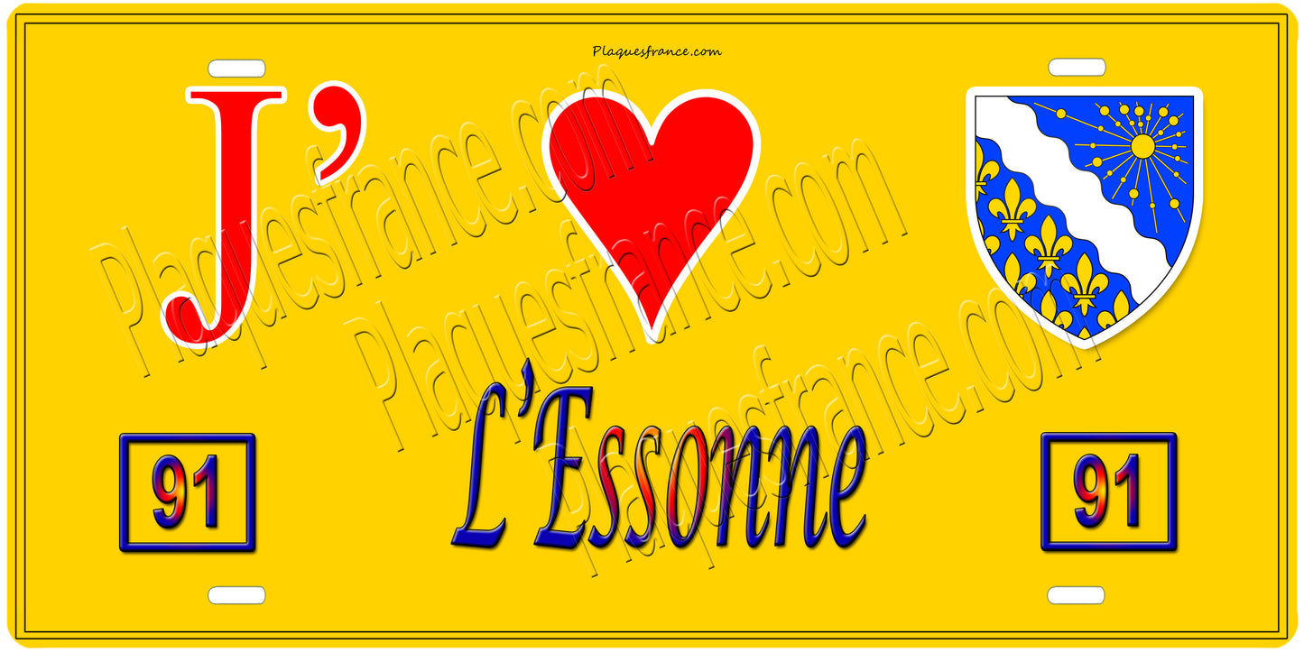 Plaque métal décorative, J' ❤️L'Essonne (91) région Ile de France jaune