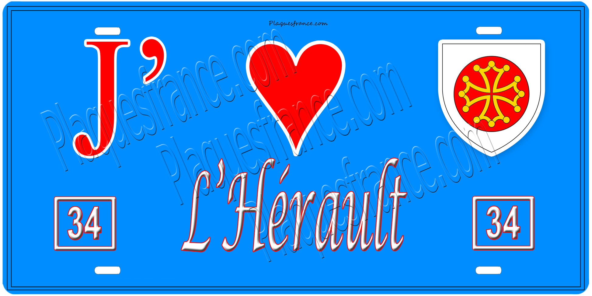 Plaque métal décorative, J' ❤️L'Hérault, région Occitanie fond  mur bleu 34