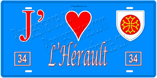 Plaque métal décorative, J' ❤️L'Hérault, région Occitanie fond  mur bleu 34