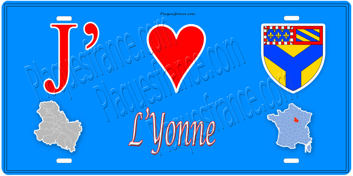 Plaque métal décorative, J' ❤️l'Yonne (89) région Bourgogne–Franche-Comté