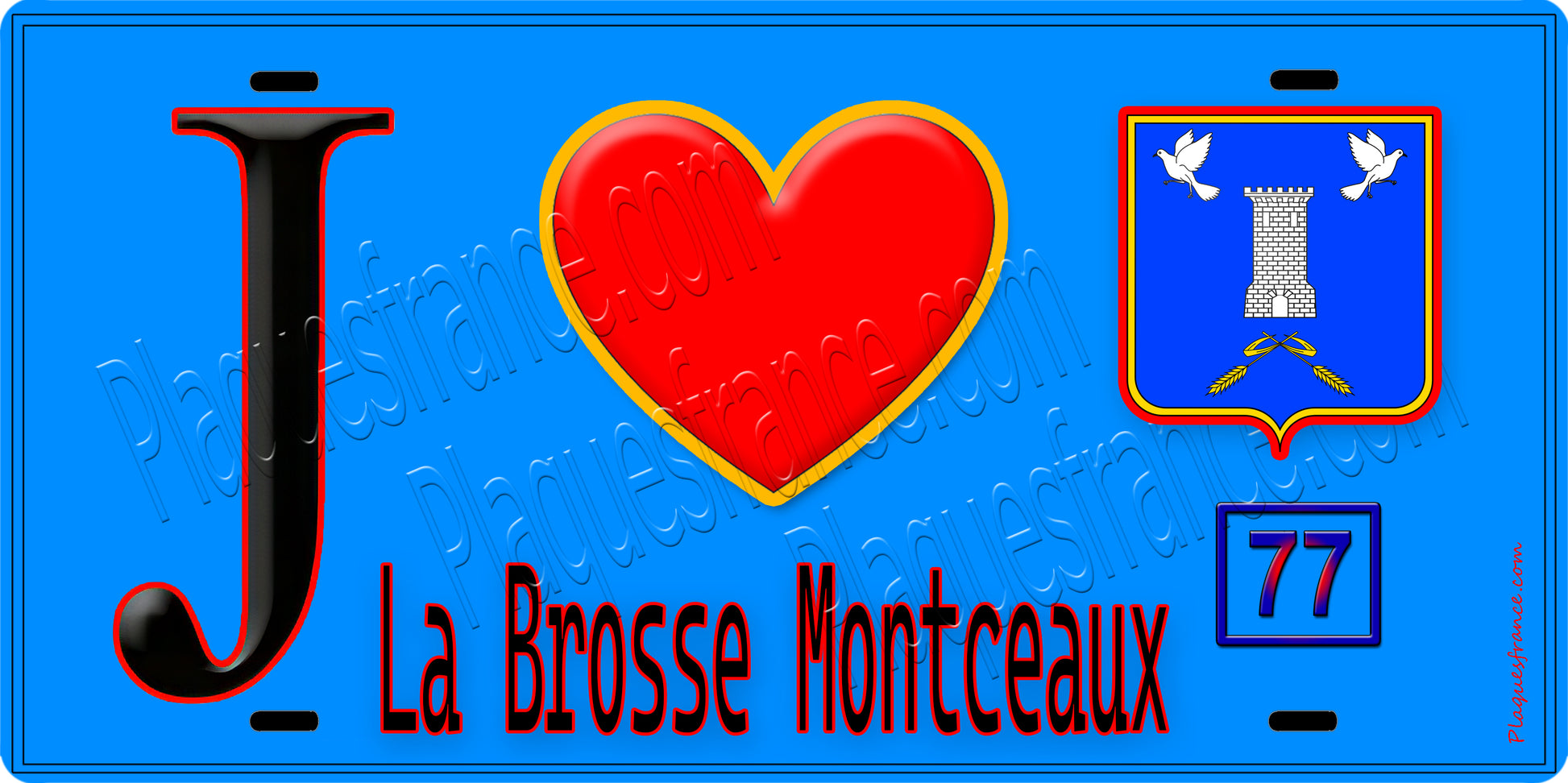 Plaque métal décorative  J' ❤️La Brosse-Montceaux, Seine et Marne (77) fond bleu
