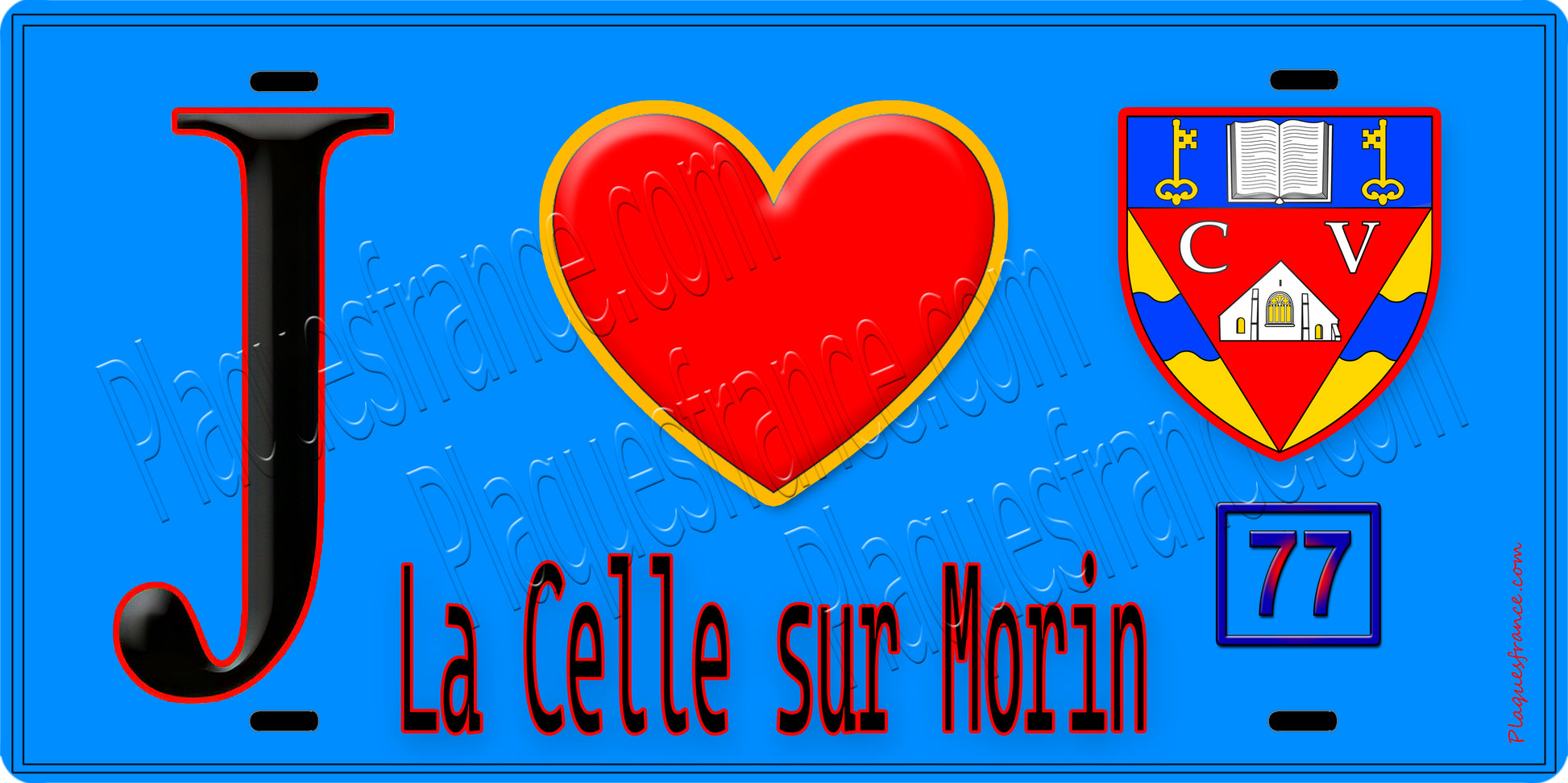 Plaque métal décorative  J' ❤️La Celle-sur-Morin, Seine et Marne (77) fond bleu
