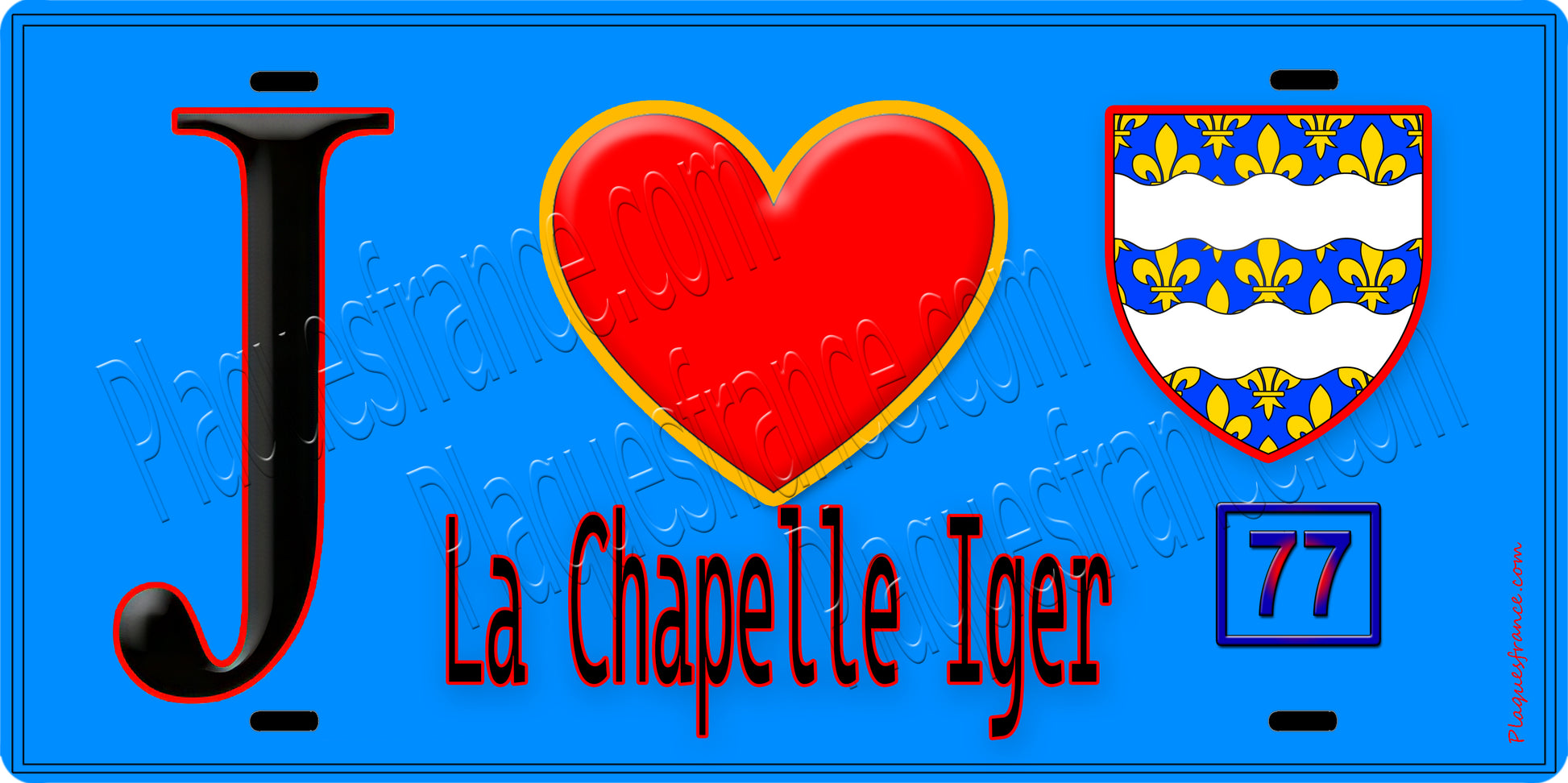 Plaque métal décorative  J' ❤️La Chapelle-Iger, Seine et Marne (77) fond bleu