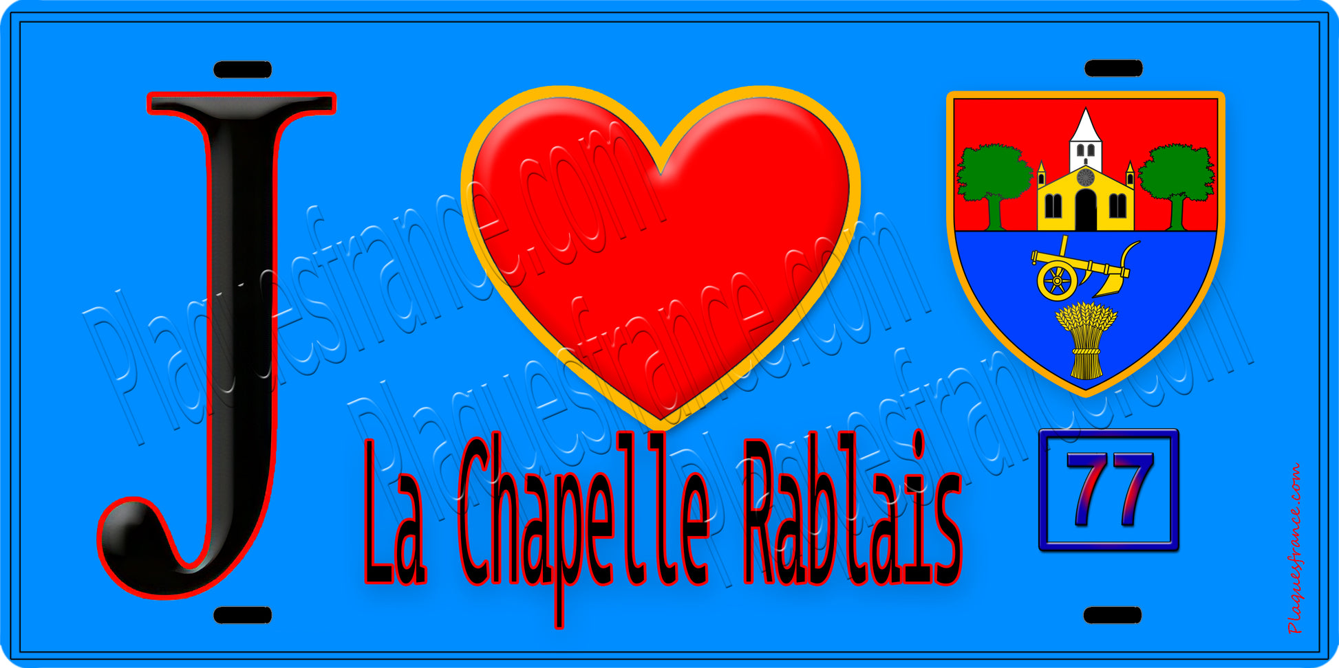 Plaque métal décorative  J' ❤️La Chapelle-Rablais, Seine et Marne (77) fond bleu