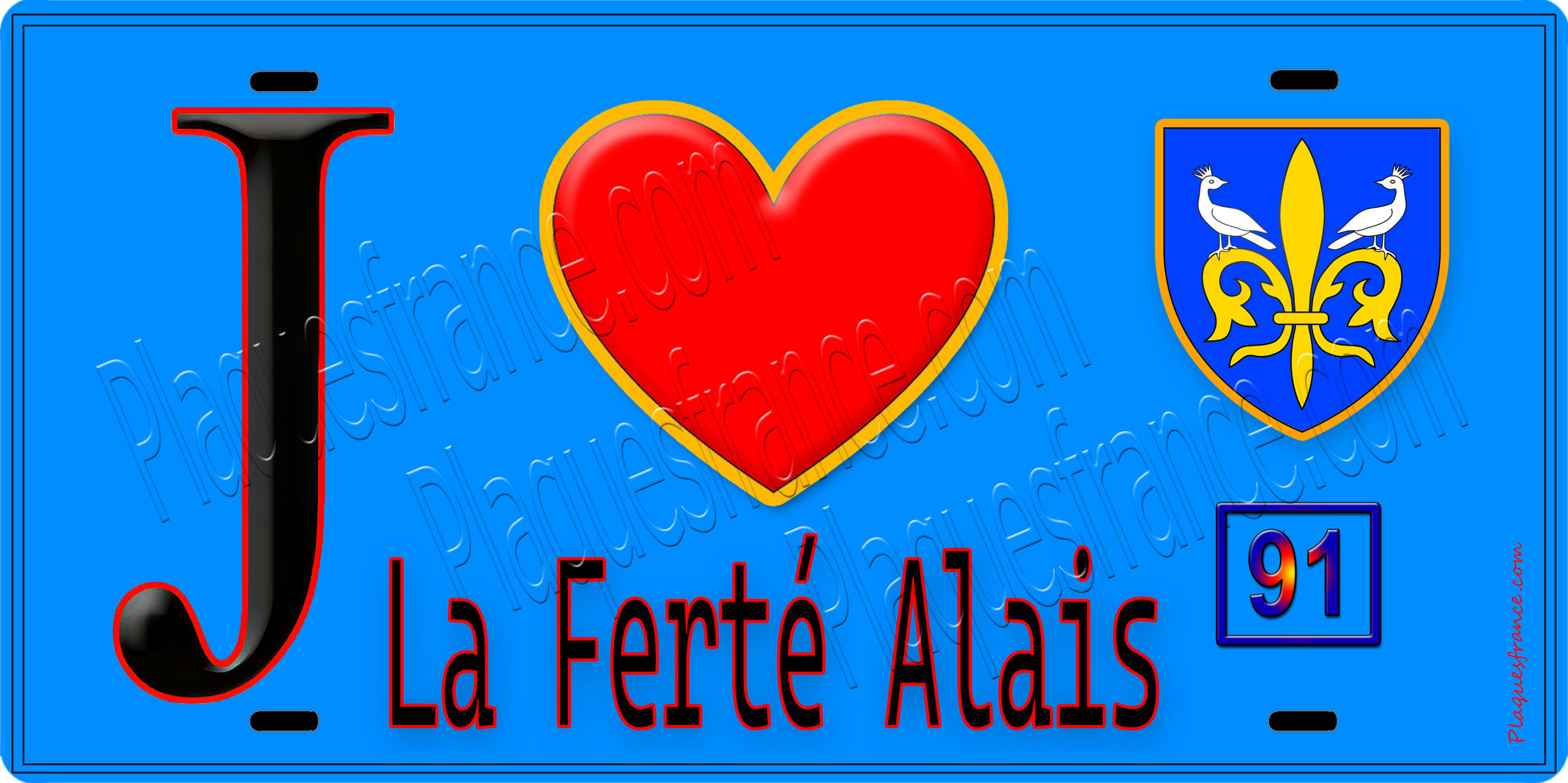 Plaque métal décorative  J' ❤️La Ferté-Alais, Essonne (91) fond bleu
