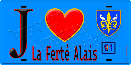 Plaque métal décorative  J' ❤️La Ferté-Alais, Essonne (91) fond bleu