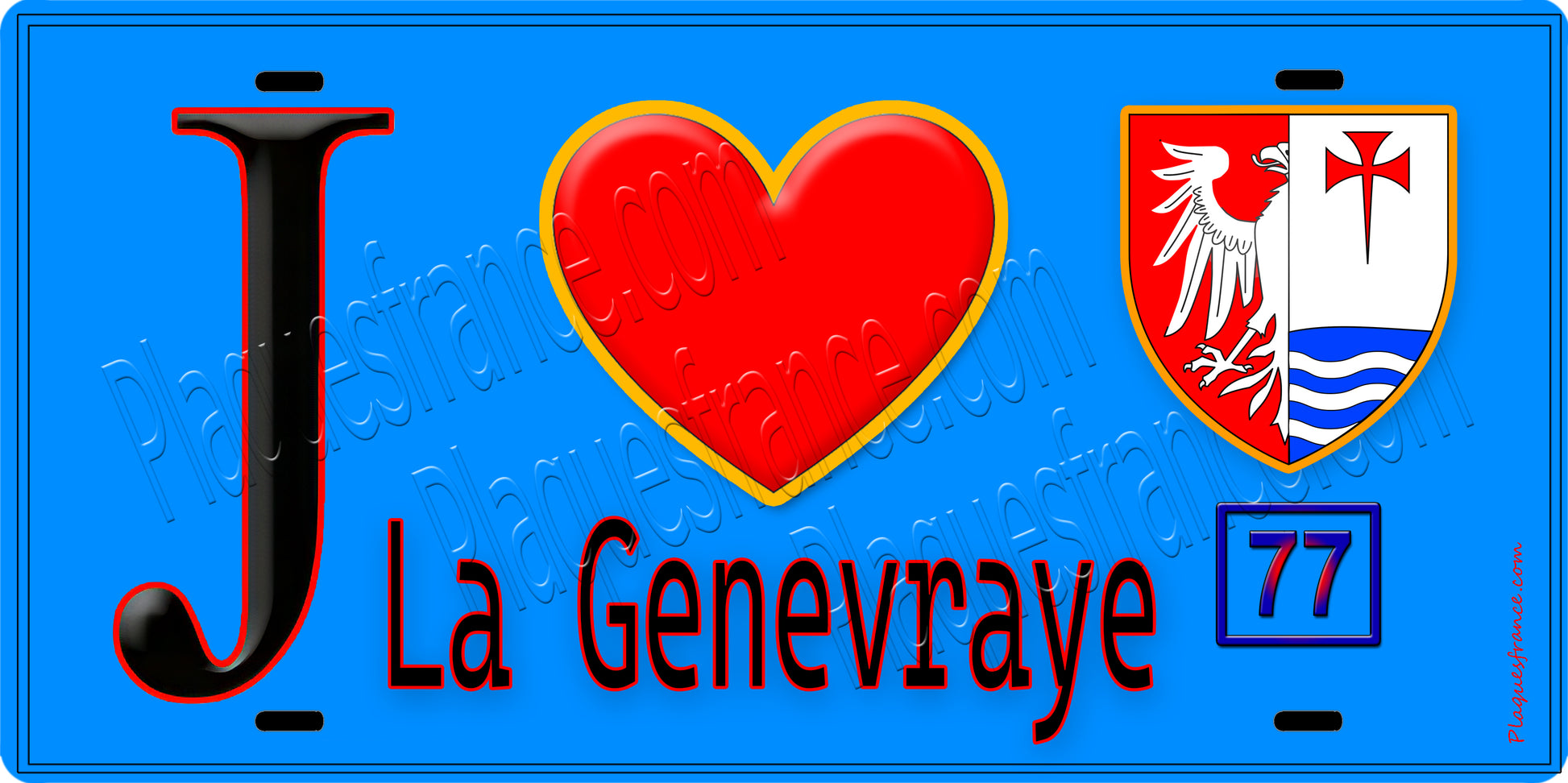 Plaque métal décorative  J' ❤️La Genevraye, Seine et Marne (77) fond bleu