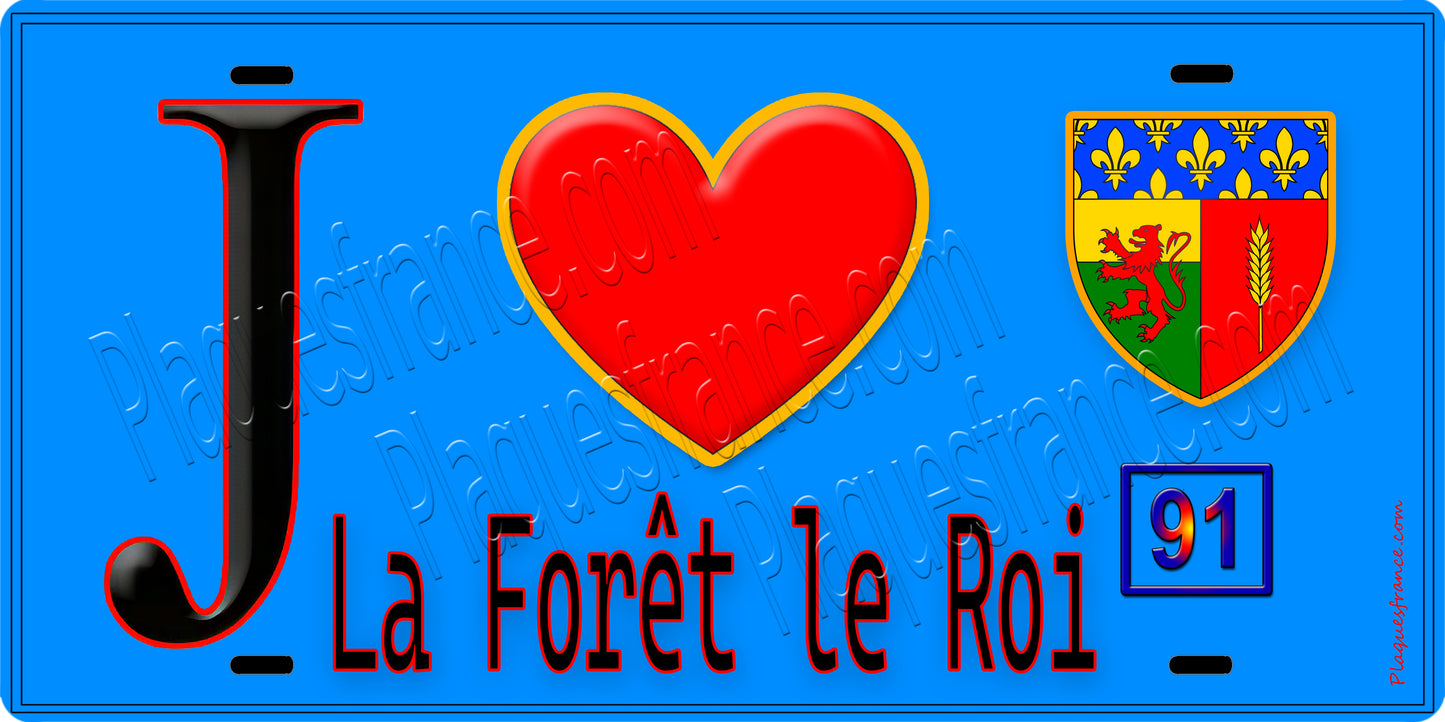 Plaque métal décorative  J' ❤️La Forêt-le-Roi, Essonne (91) fond bleu