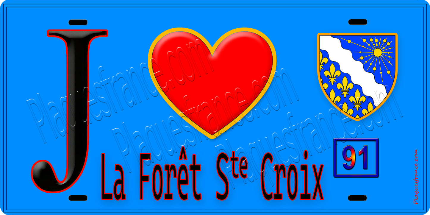 Plaque métal décorative  J' ❤️La Forêt-Sainte-Croix, Essonne (91) fond bleu