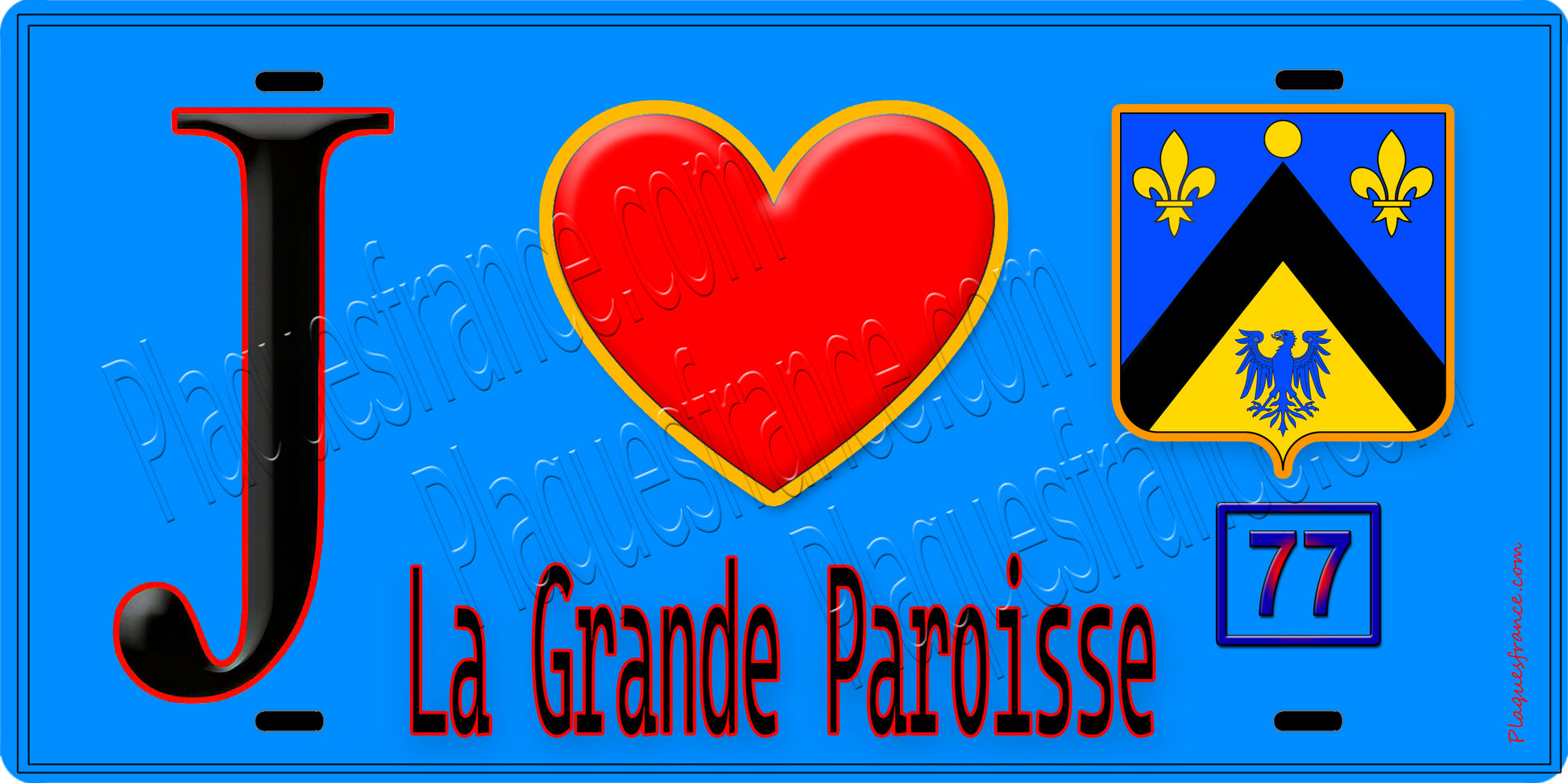 Plaque métal décorative  J' ❤️La Grande-Paroisse, Seine et Marne (77) fond bleu