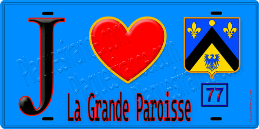 Plaque métal décorative  J' ❤️La Grande-Paroisse, Seine et Marne (77) fond bleu