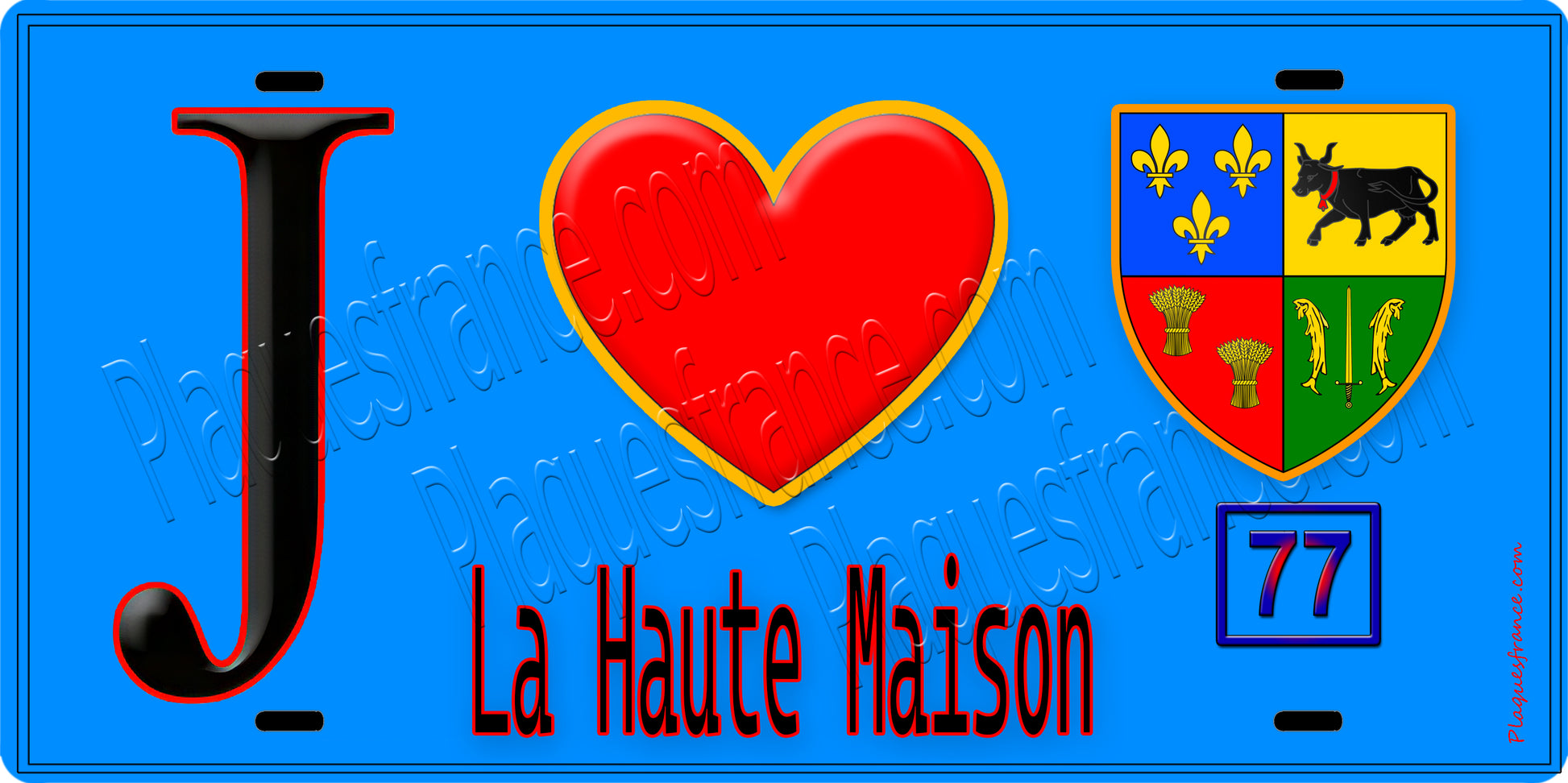 Plaque métal décorative  J' ❤️La Haute-Maison, Seine et Marne (77) fond bleu