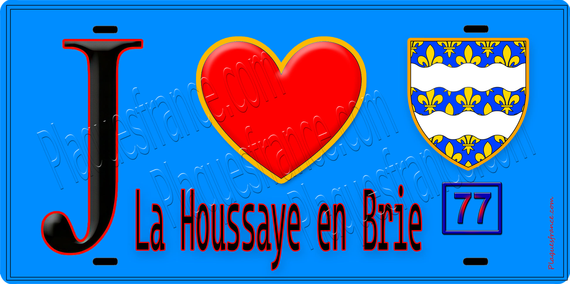Plaque métal décorative  J' ❤️La Houssaye-en-Brie, Seine et Marne (77) fond bleu