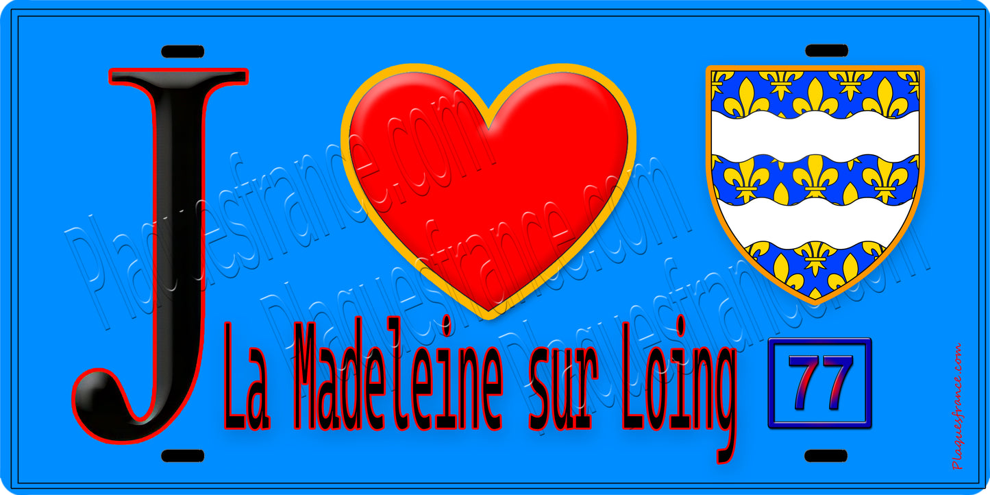 Plaque métal décorative  J' ❤️La Madeleine-sur-Loing, Seine et Marne (77) fond bleu