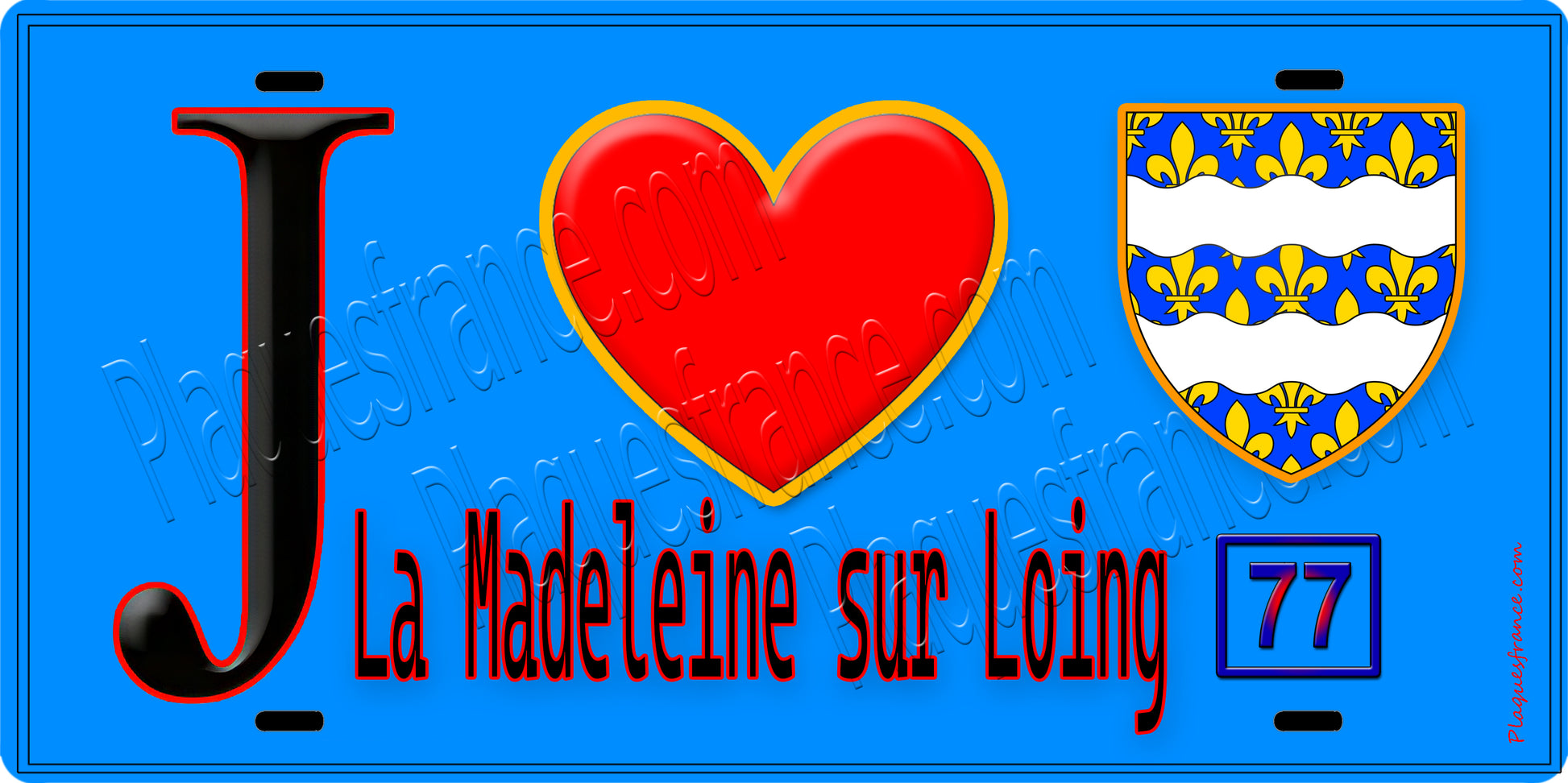 Plaque métal décorative  J' ❤️La Madeleine-sur-Loing, Seine et Marne (77) fond bleu