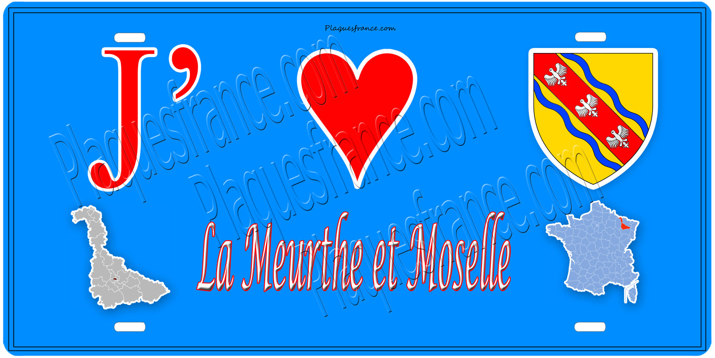 Plaque métal décorative, J' ❤️la Meurthe et Moselle, mur bleu carte 54
