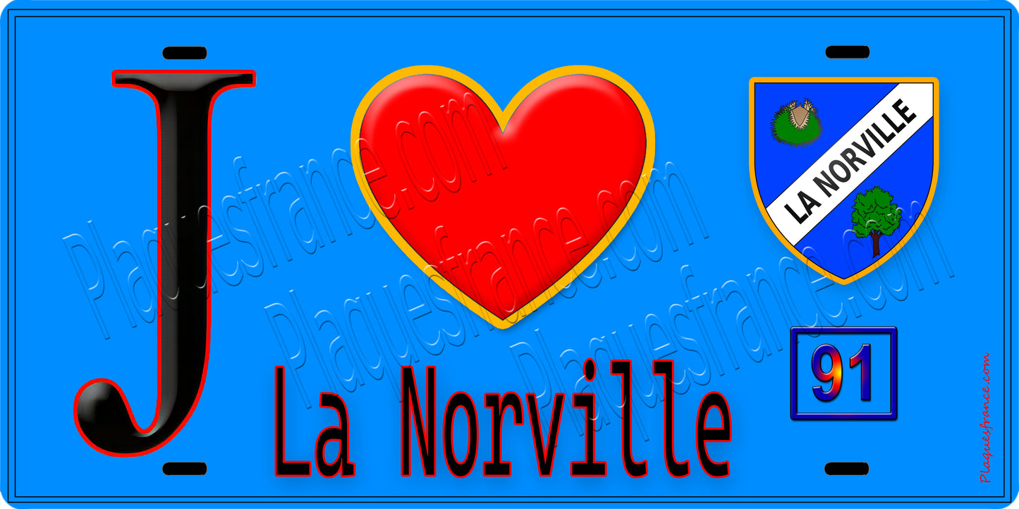 Plaque métal décorative  J' ❤️La Norville, Essonne (91) FOND BLEU