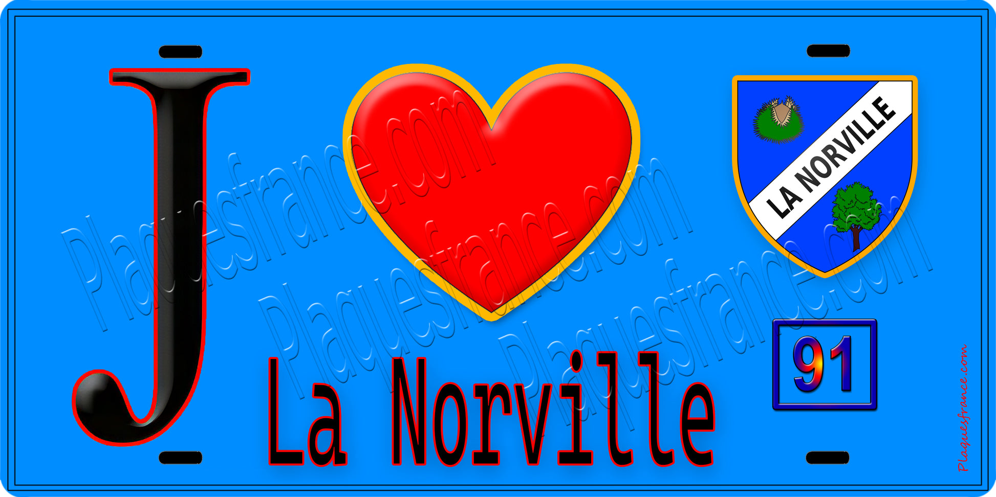 Plaque métal décorative  J' ❤️La Norville, Essonne (91) FOND BLEU