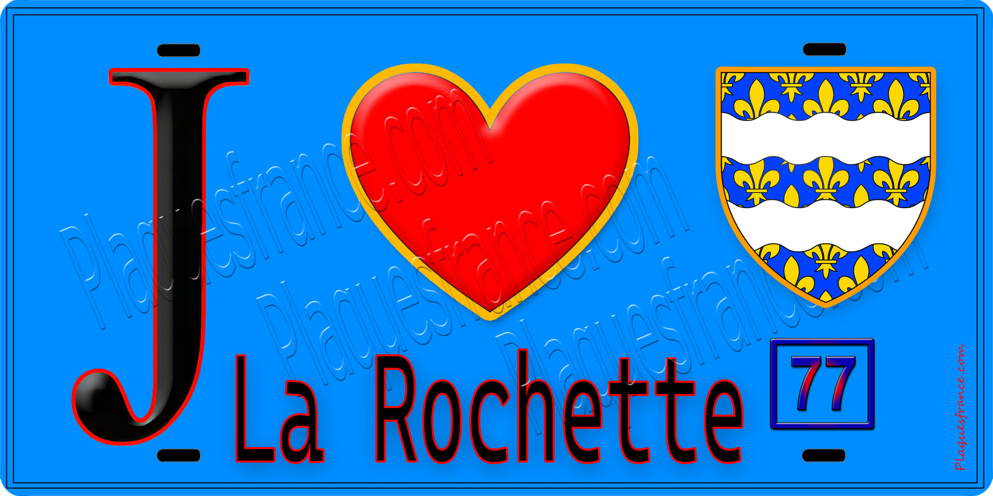Plaque métal décorative  J' ❤️La Rochette, Seine et Marne (77) fond bleu