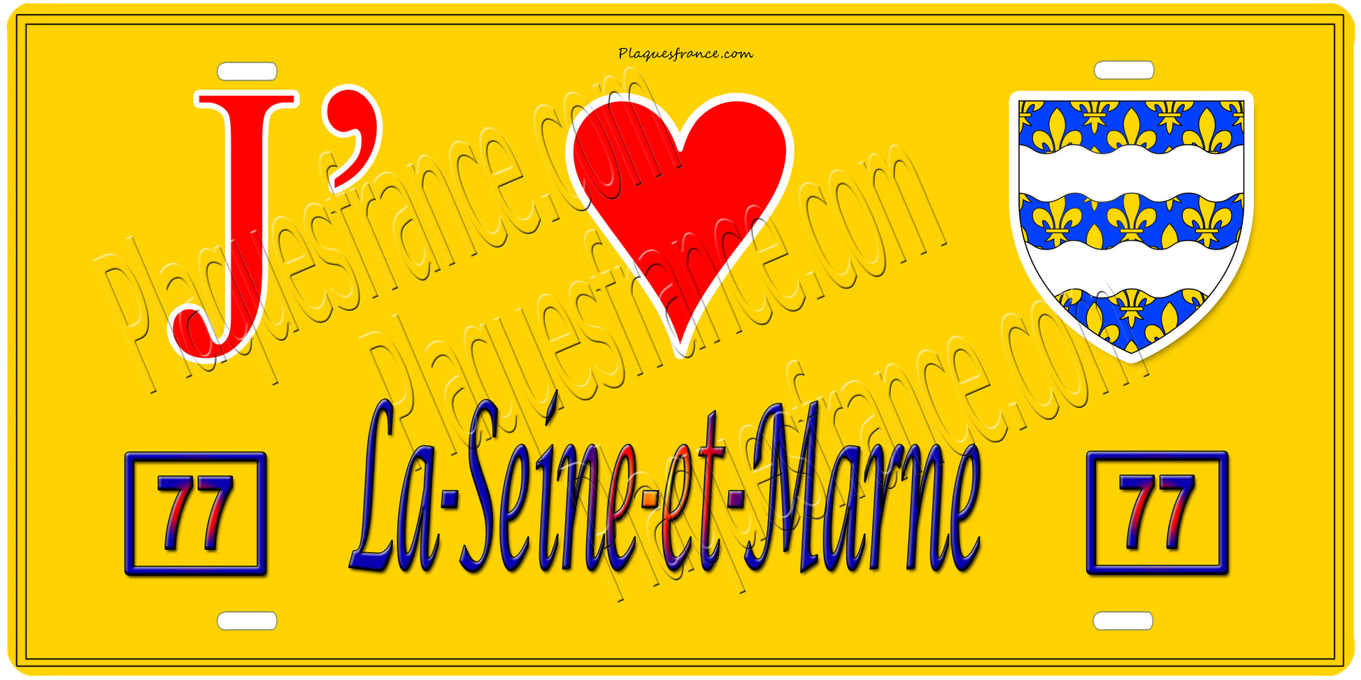 Plaque métal décorative, J' ❤️La Seine et Marne (77) région Ile de France jaune