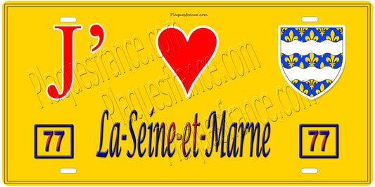 Plaque métal décorative, J' ❤️La Seine et Marne (77) région Ile de France jaune