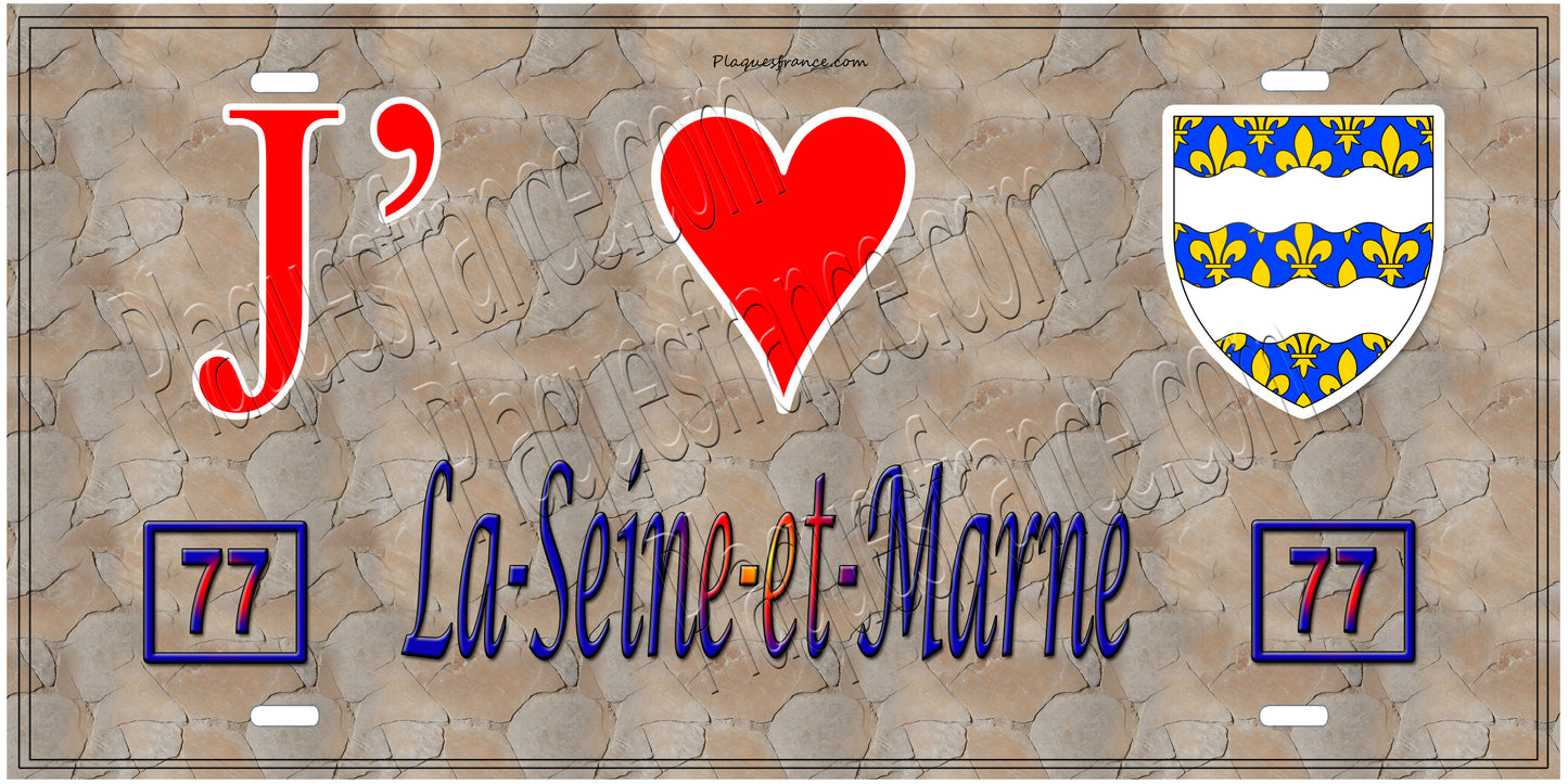 Plaque métal décorative, J' ❤️La Seine et Marne (77) région Ile de France mur antique