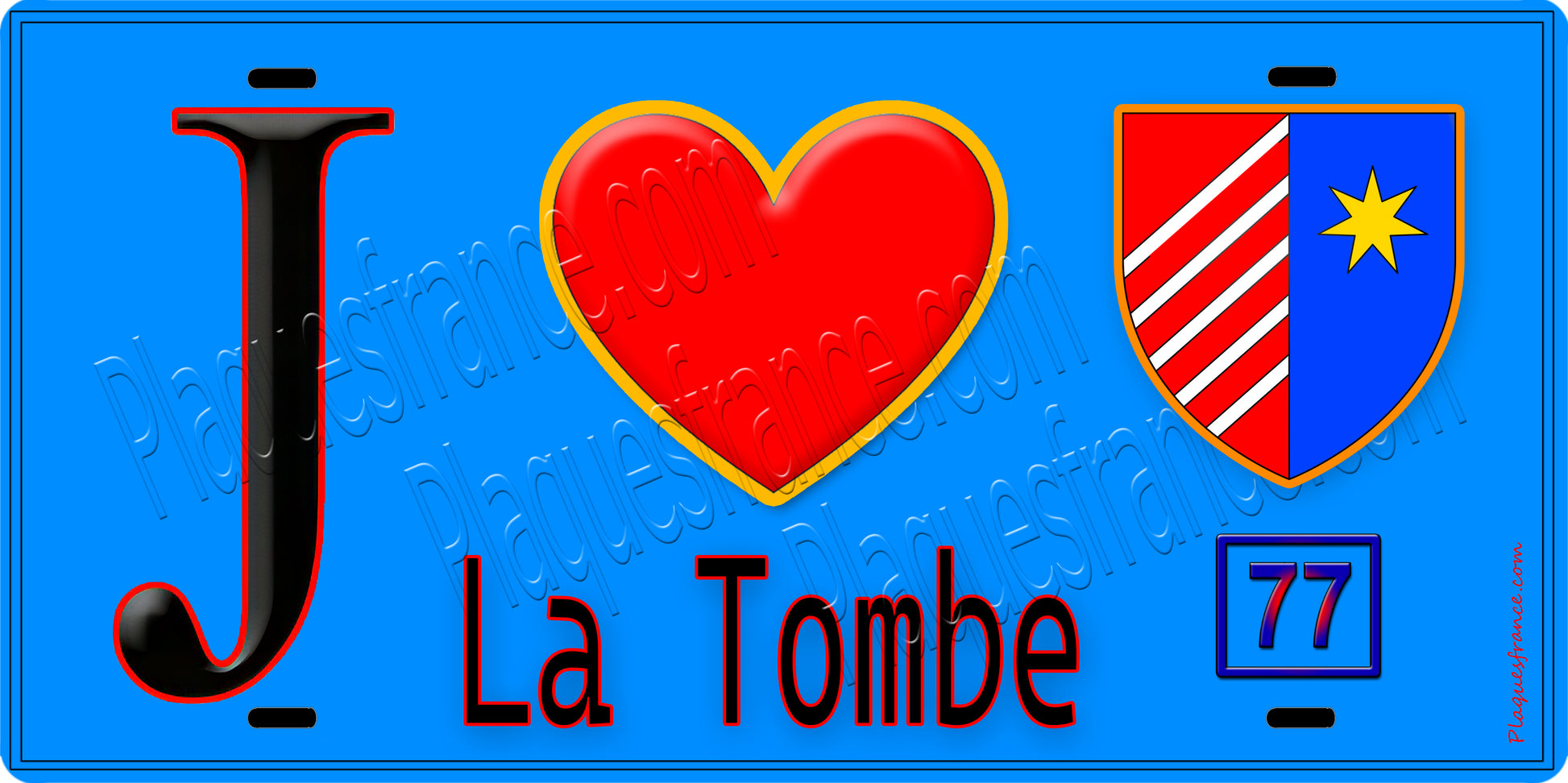 Plaque métal décorative  J' ❤️La Tombe, Seine et Marne (77) fond bleu