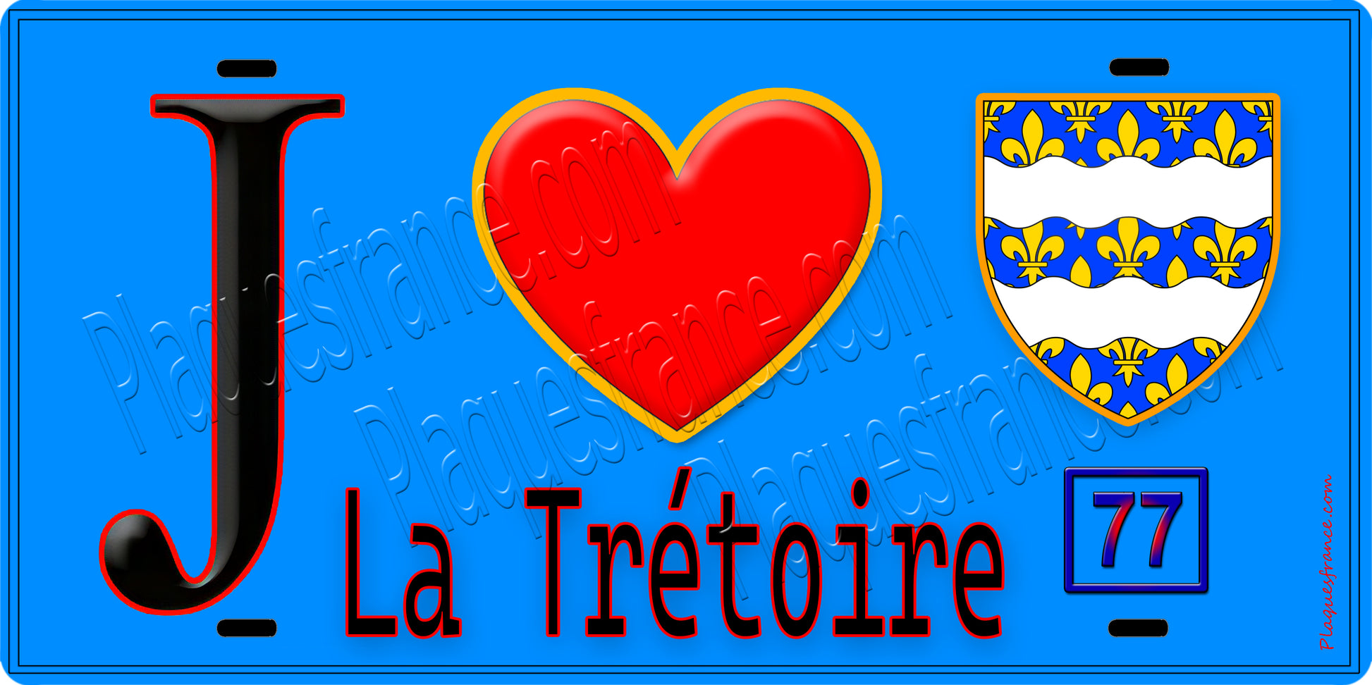 Plaque métal décorative  J' ❤️La Trétoire, Seine et Marne (77) fond bleu