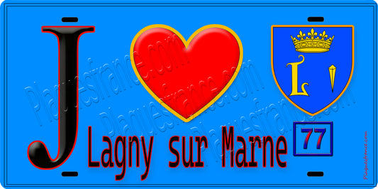 Plaque métal décorative  J' ❤️Lagny-sur-Marne, Seine et Marne (77) fond bleu