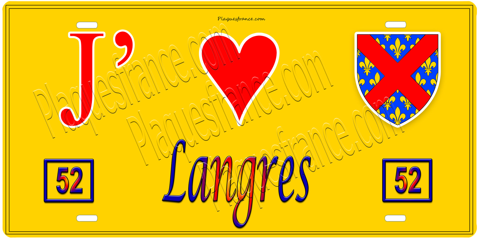 Plaque métal décorative, J' ❤️Langres, Haute Marne, fond  mur bleu 52