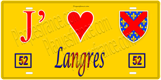 Plaque métal décorative, J' ❤️Langres, Haute Marne, fond  mur bleu 52