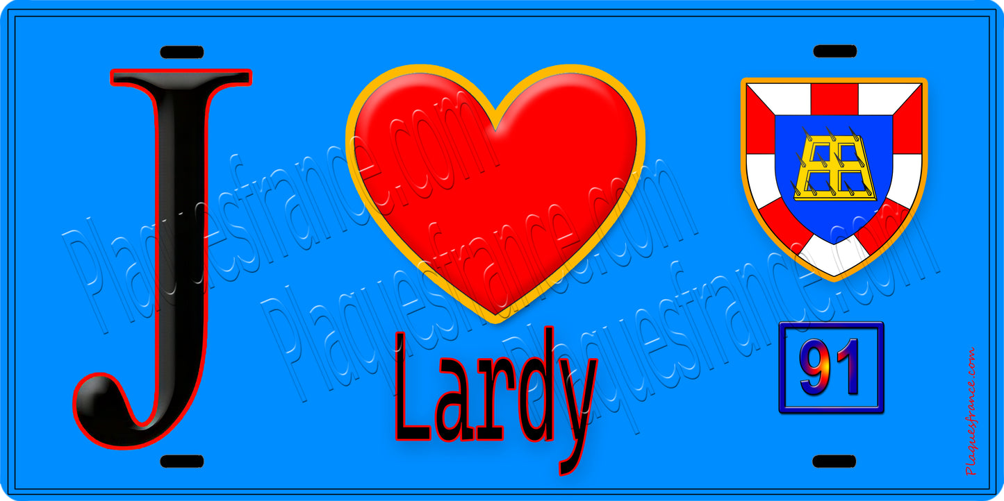 Plaque métal décorative  J' ❤️Lardy, Essonne (91) fond bleu