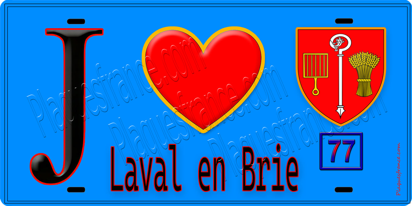 Plaque métal décorative  J' ❤️Laval-en-Brie, Seine et Marne (77) fond bleu