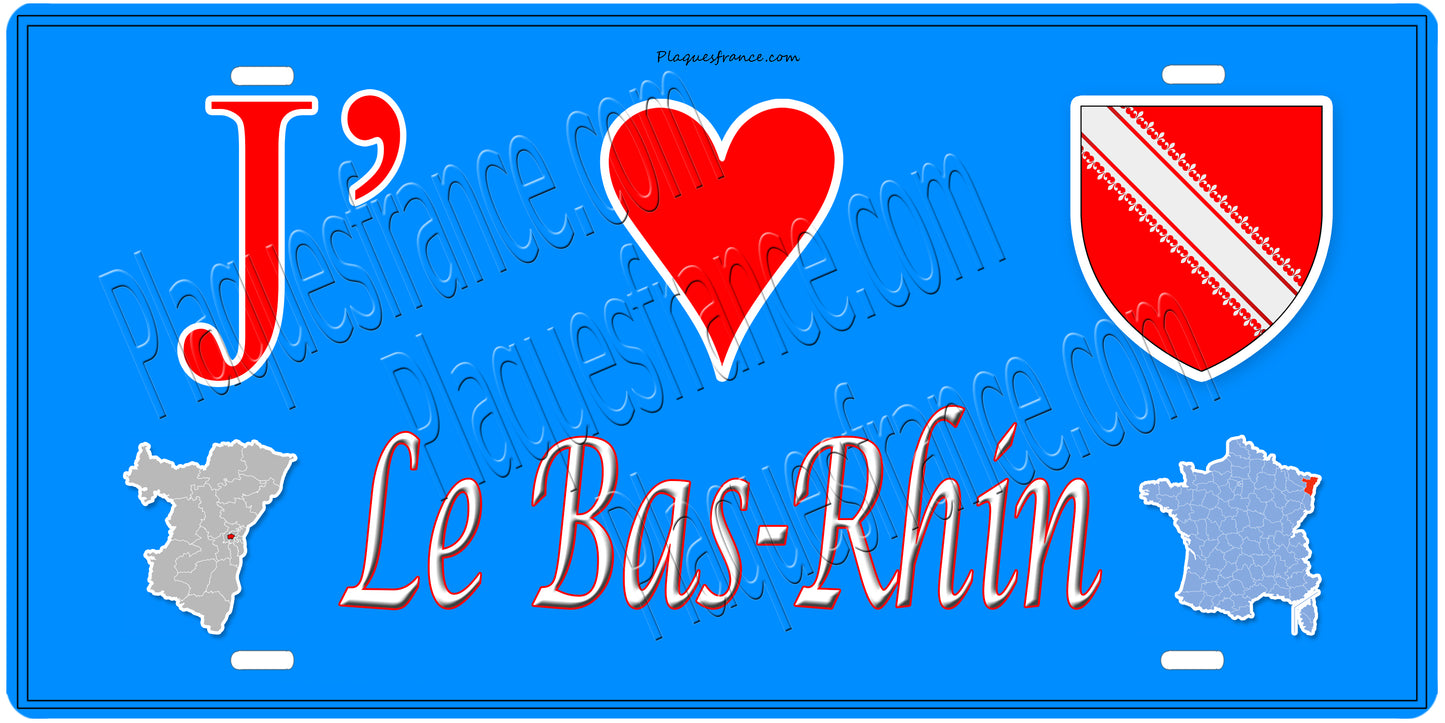 Plaque métal décorative, J' ❤️Le Bas Rhin, fond  mur bleu carte