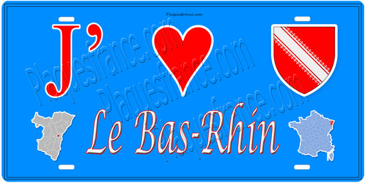 Plaque métal décorative, J' ❤️Le Bas Rhin, fond  mur bleu carte