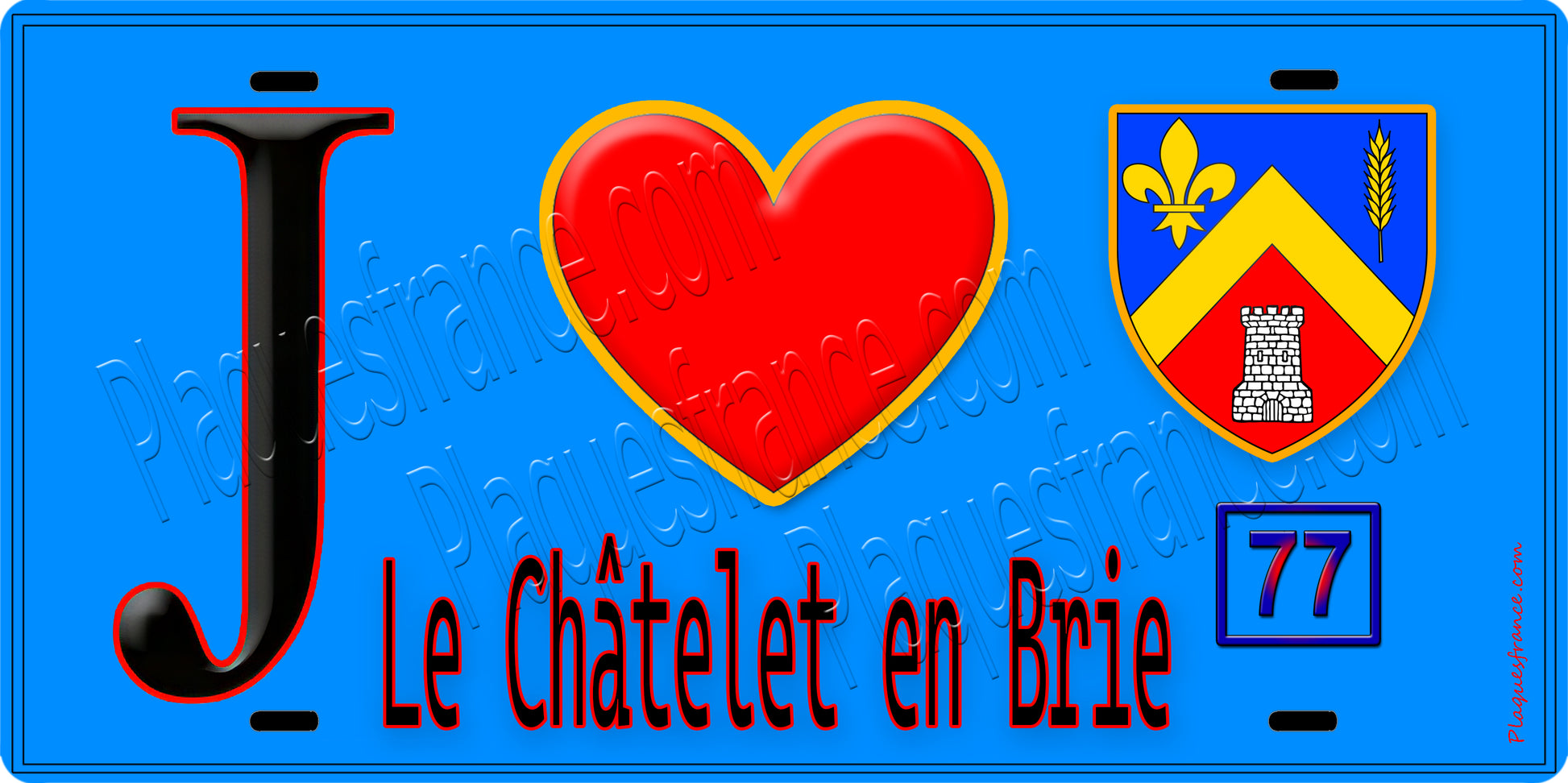 Plaque métal décorative  J' ❤️Le Châtelet-en-Brie, Seine et Marne (77) fond bleu